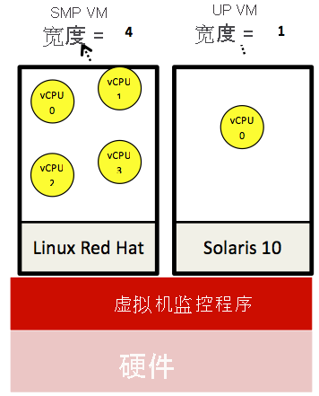 宽度为四的 SMP 本机系统 VM 和一个 UP 本机系统 VM，两者均在同一硬件上运行。