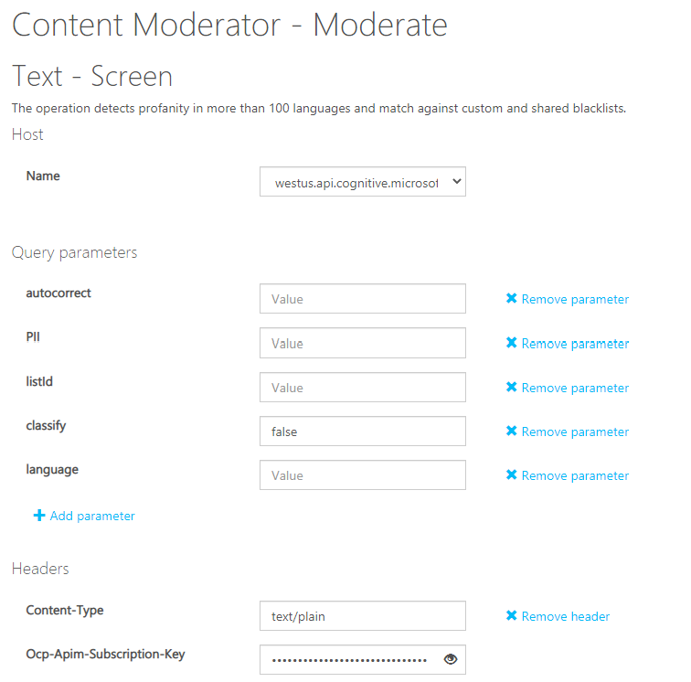 Paste subscription key into Ocp-Apim-Subscription-Key box.