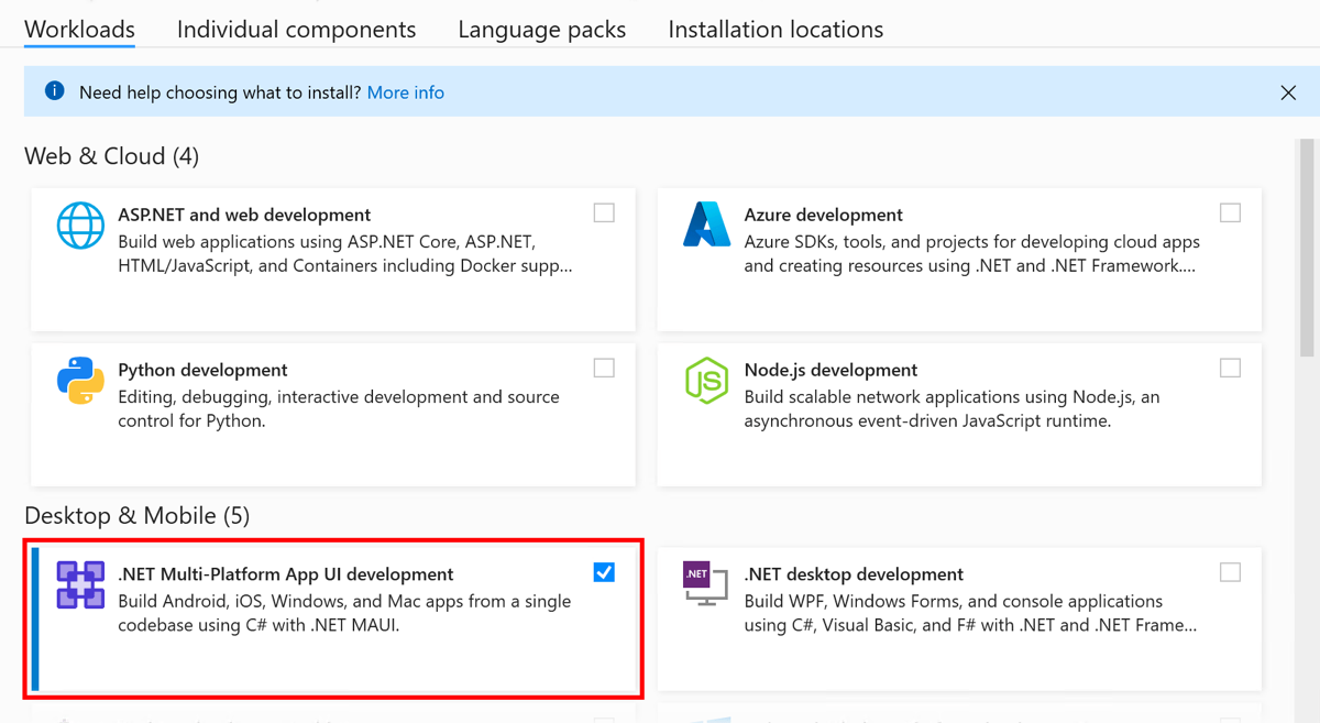 Visual Studio 安装程序的屏幕截图，其中显示了支持 .NET MAUI 开发所需的工作负载。