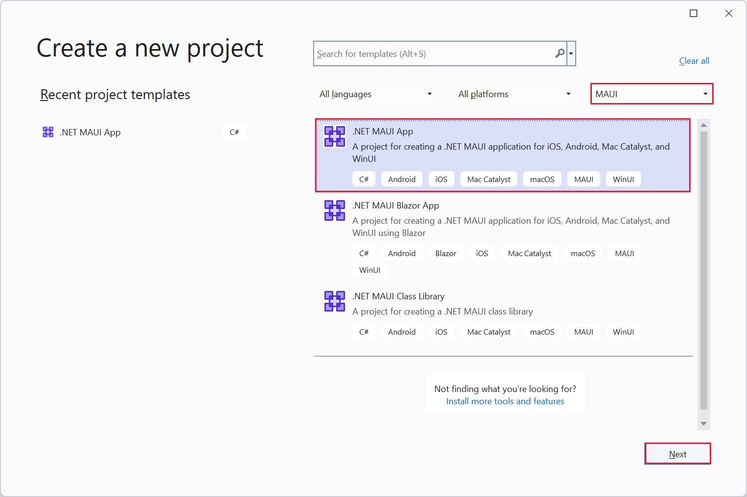 “创建新项目”对话框的屏幕截图。用户已选择“.NET MAUI 应用”模板。
