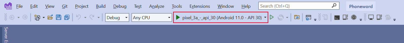 Visual Studio 工具栏的屏幕截图。图中显示已选中 pixel_3a-api_30 配置文件，并准备好在用户按下“开始”按钮后立即开始调试。