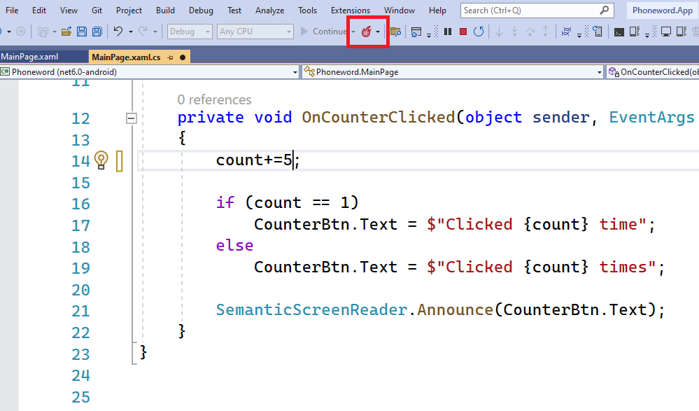 Visual Studio 工具栏的屏幕截图，其中突出显示了“热重载”按钮。