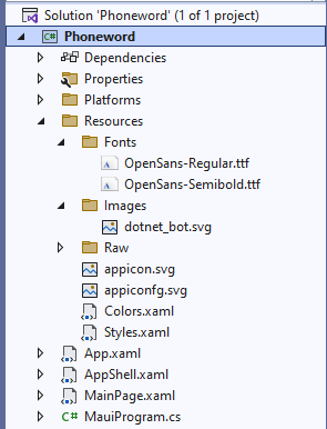 屏幕截图显示 Visual Studio 解决方案资源管理器窗口中的 Phoneword 项目。