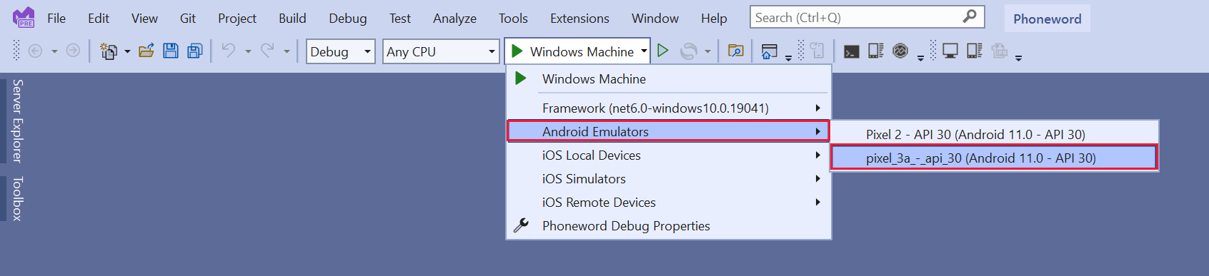 Visual Studio 工具栏的屏幕截图，其中显示用户使用 API 30 配置文件指定了 Pixel 3，以便 Android Emulator 开始调试。