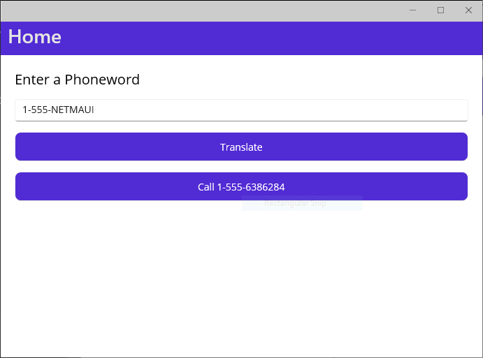 Phoneword UI 的屏幕截图。用户已将文本转换为有效的电话号码。