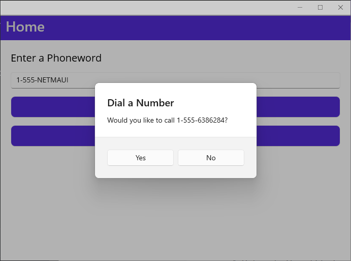 屏幕截图显示 PhoneWord 用户界面中的“拨号”提示。