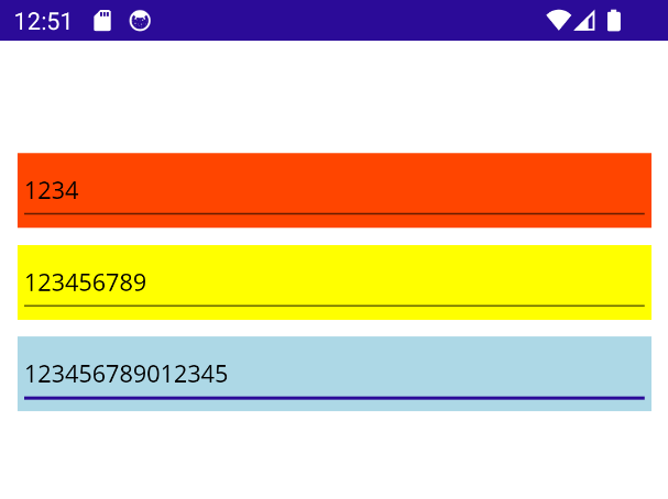 Screenshot of a .NET MAUI Android app with three entry controls, each with a different colored background.