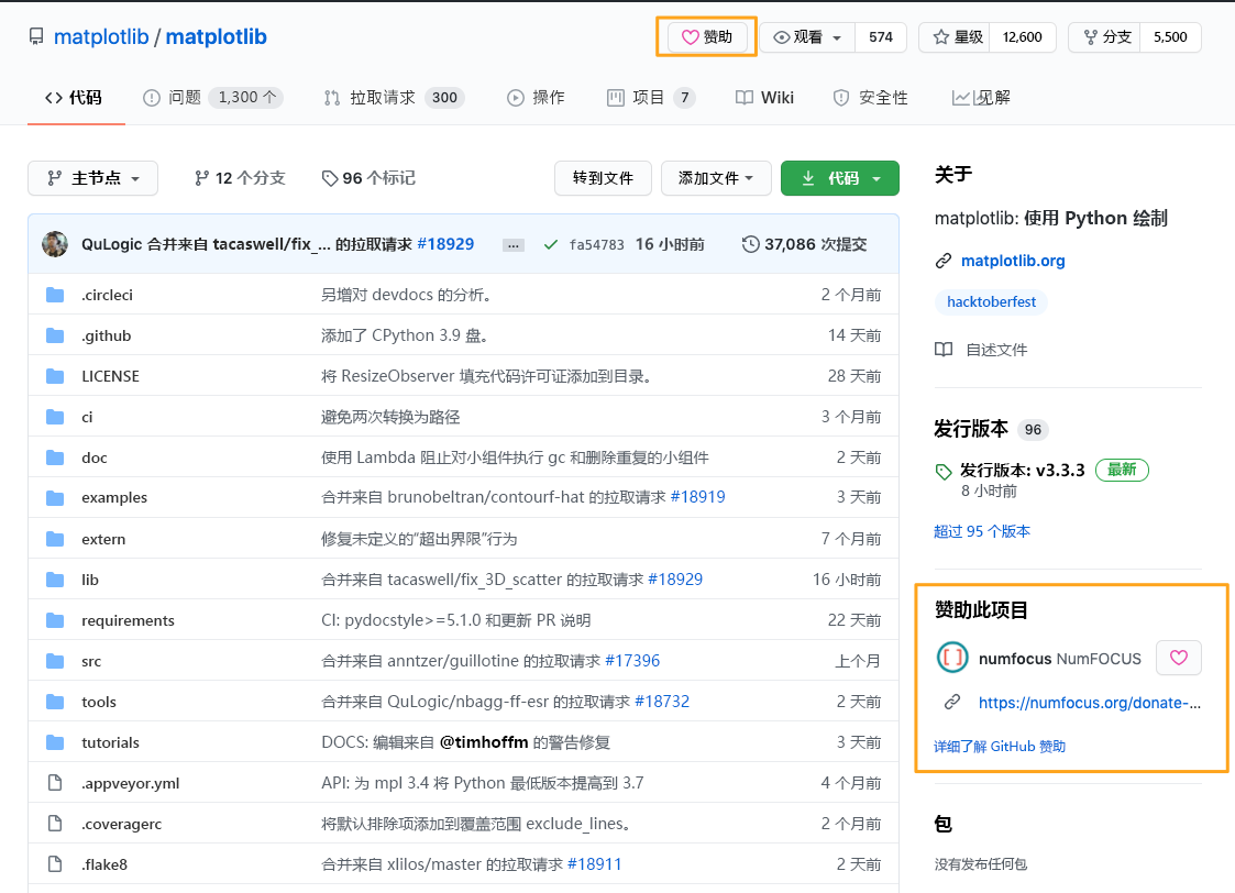 屏幕截图显示 GitHub 项目页上的“赞助”框。