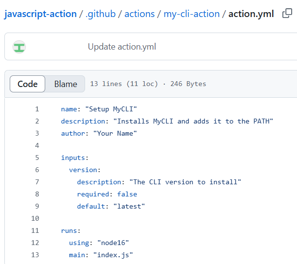 JavaScript GitHub 操作的 YAML 元数据文件的屏幕截图。