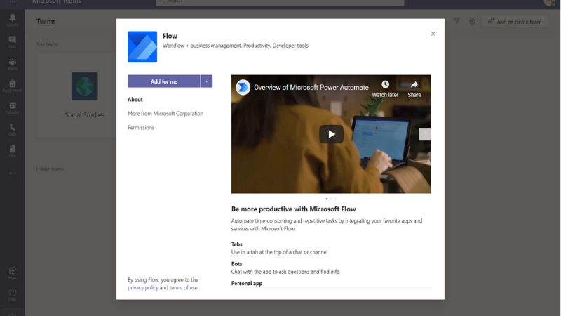 在 Microsoft Teams 中添加 Power Automate 应用的屏幕截图。