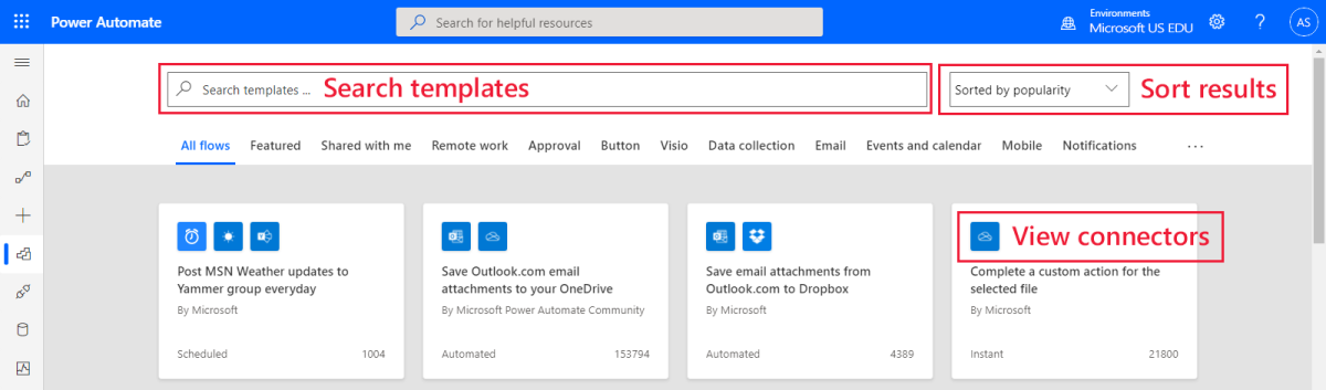 Power Automate 模板搜索结果的屏幕截图。