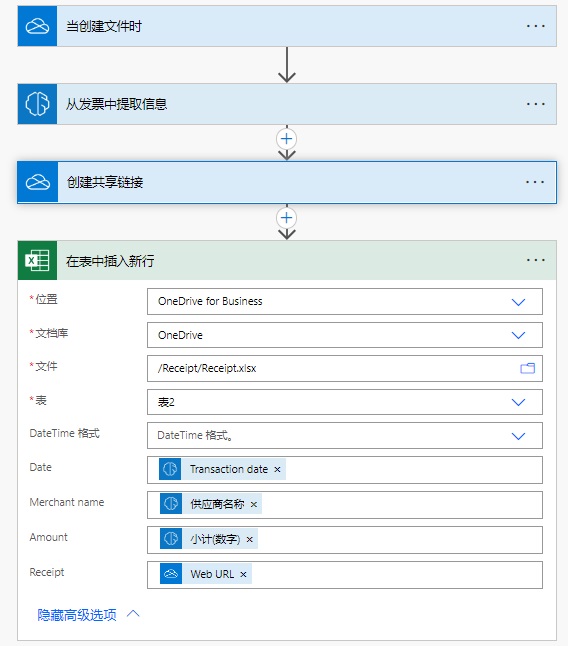 从文件创建到处理、保存收据中的信息、创建共享链接以及将行添加到表中的流程。