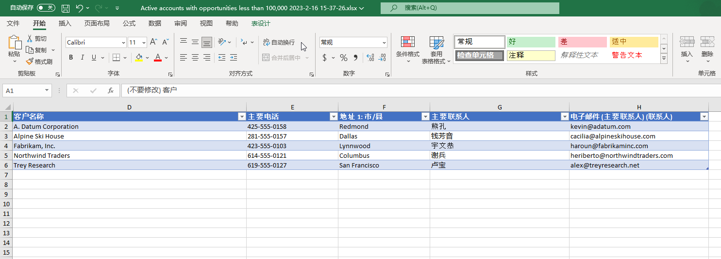 从“活跃客户：商机高于 100,000 美元”中导出到 Excel 的 Dynamics 365 数据。