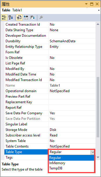 突出显示表类型属性的属性表页面的屏幕截图。