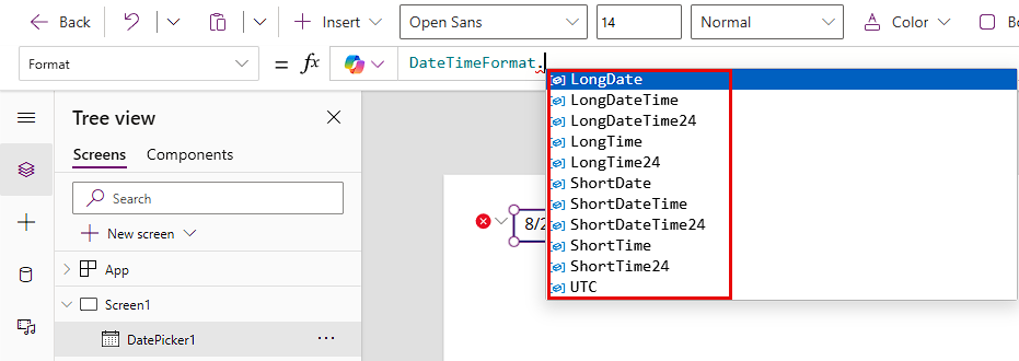 显示选项“DateTimeFormat”的“fx”字段的屏幕截图，包括“LongDate”、“LongDateTime”和其他选项。