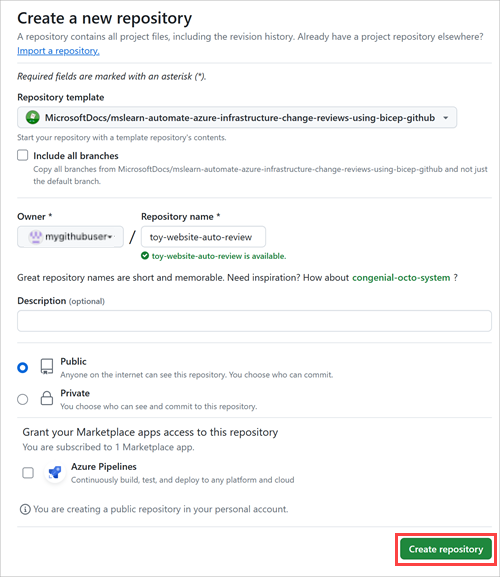 GitHub 界面的屏幕截图，其中显示了存储库创建页。