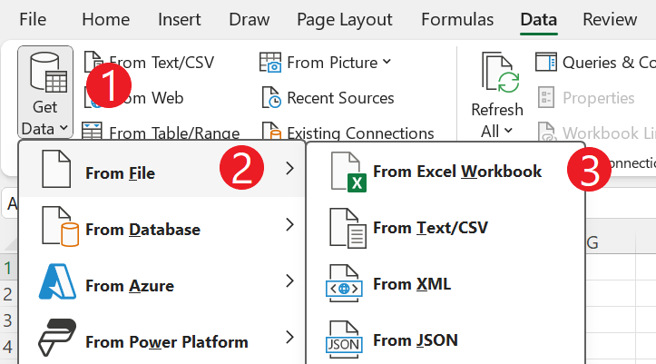 从 Excel 功能区导入单个文件的屏幕截图。