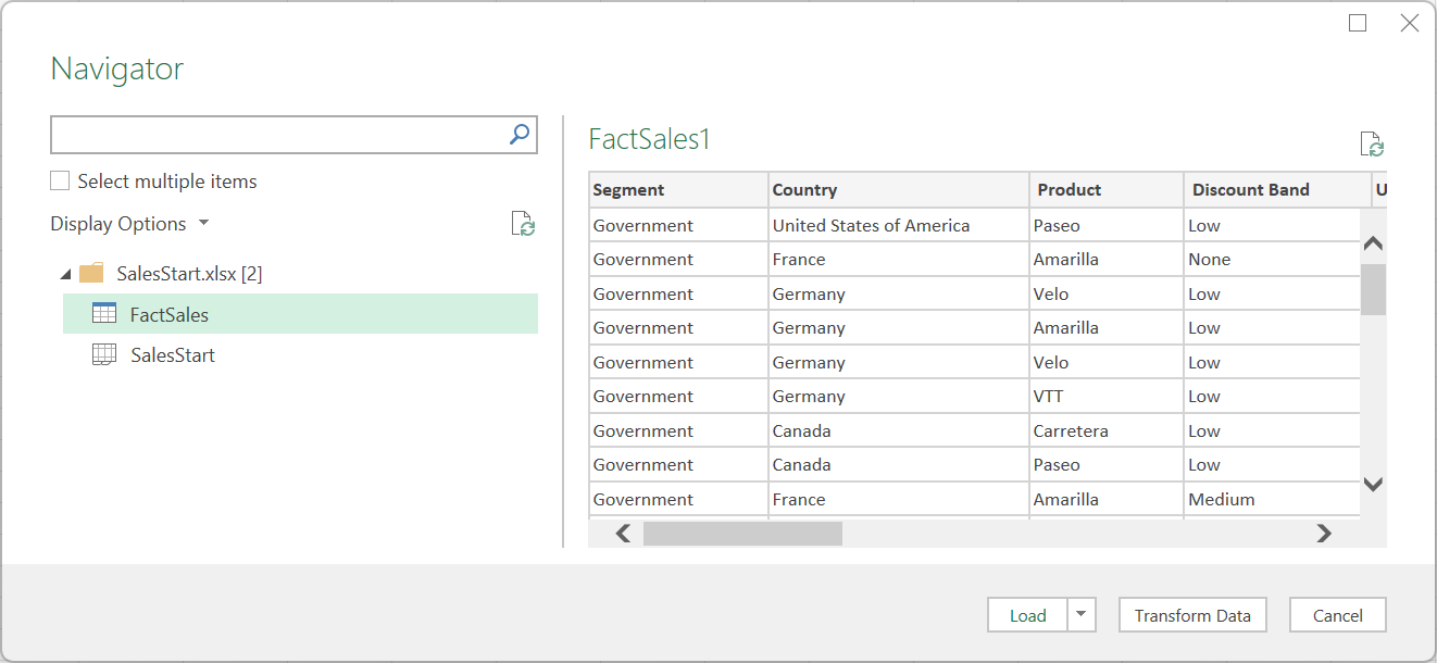 显示 FactSales 的“导航器”窗口的屏幕截图。