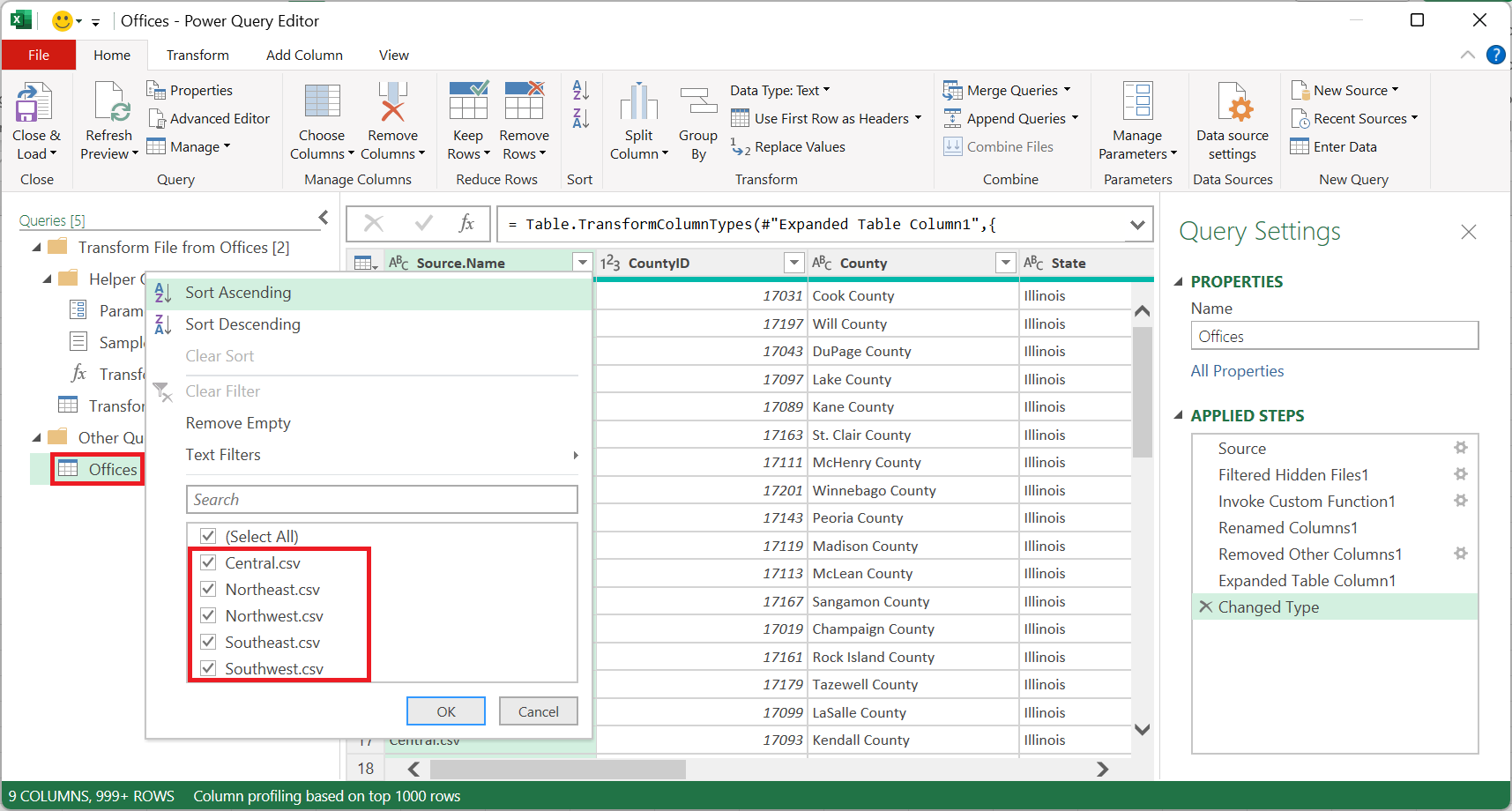 “Power Query 编辑器”窗口的屏幕截图,其中所有五个办公室位置 CSV 文件合并为一个 Office 查询或表。