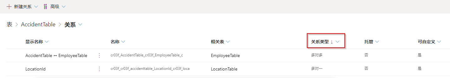 显示“显示名称”、“关系名称”、“相关表”、“关系类型”的“关系”列表的屏幕截图,其中突出显示了“关系类型”。