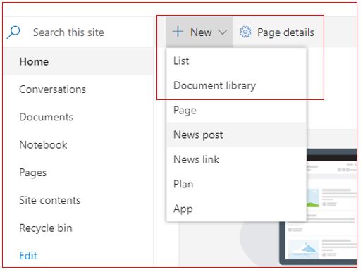 SharePoint 主页的屏幕截图,其中展开了“新建”菜单并突出显示了“列表”。