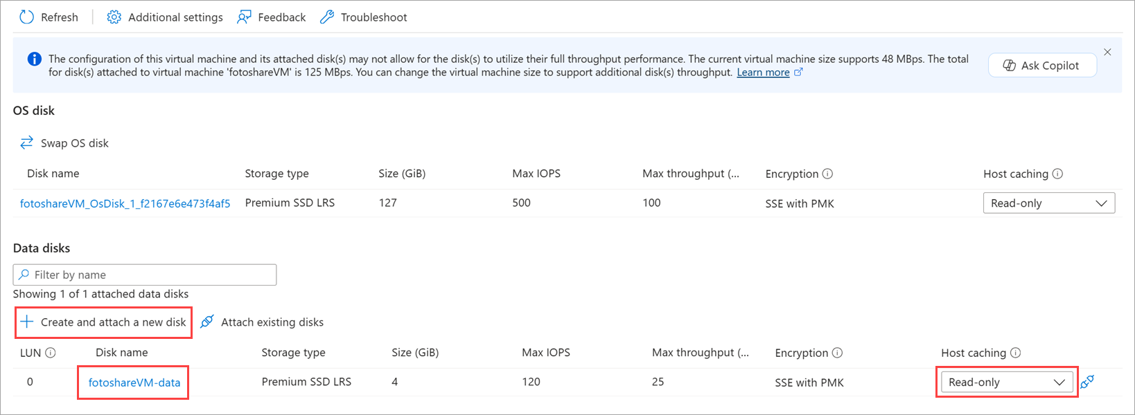 Screenshot showing the OS disk and new data disk in the Disks section of our VM pane, with both disks set to Read-only caching.