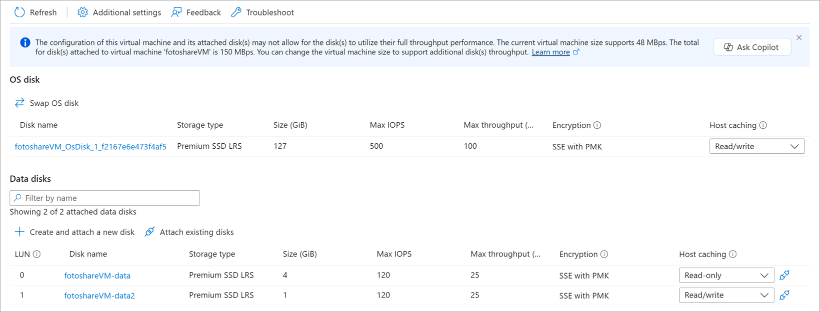 Screenshot of the Azure portal showing the Disks section of our VM pane with two data disks.