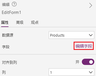 EditForm1 属性选项卡编辑字段选项屏幕截图。