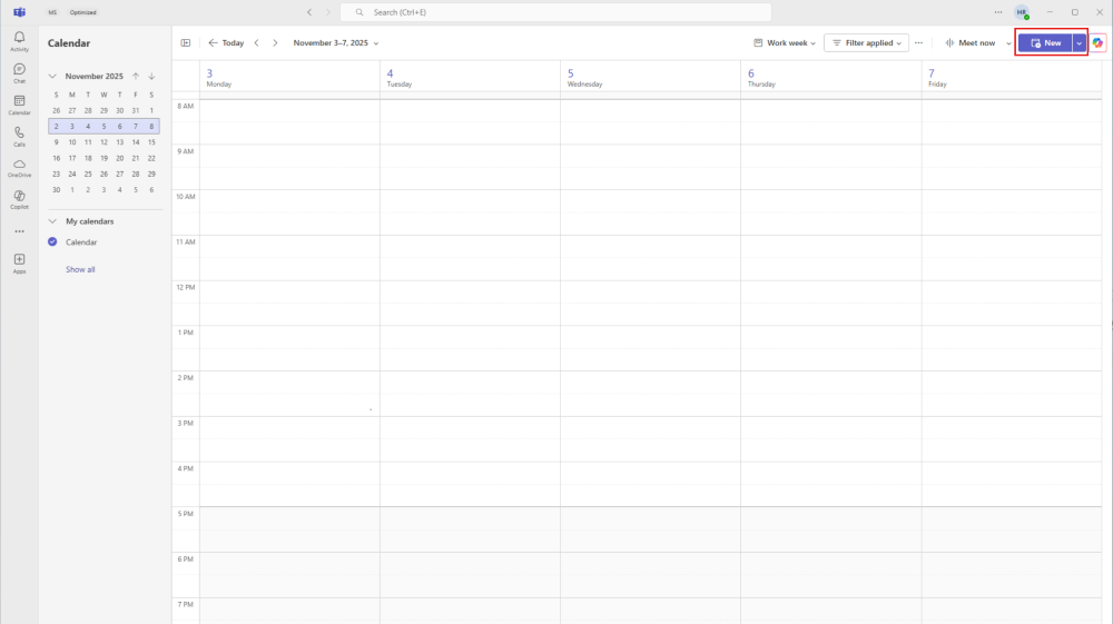 显示Microsoft Teams 中“新建事件”按钮位置的屏幕截图。