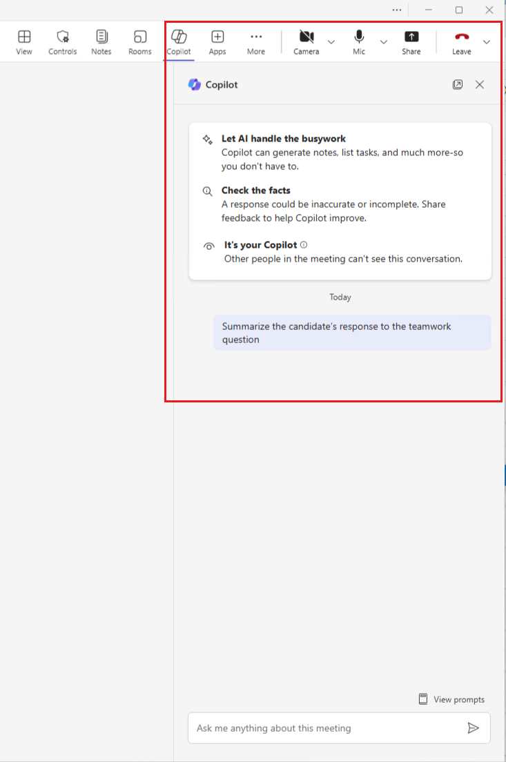 显示实时 Teams 会议期间的 copilot 选项的屏幕截图。