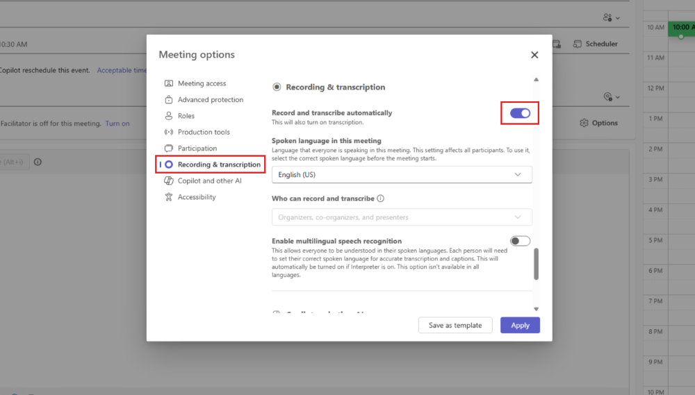 显示Microsoft Teams 事件窗口中的会议选项录制和听录的屏幕截图。