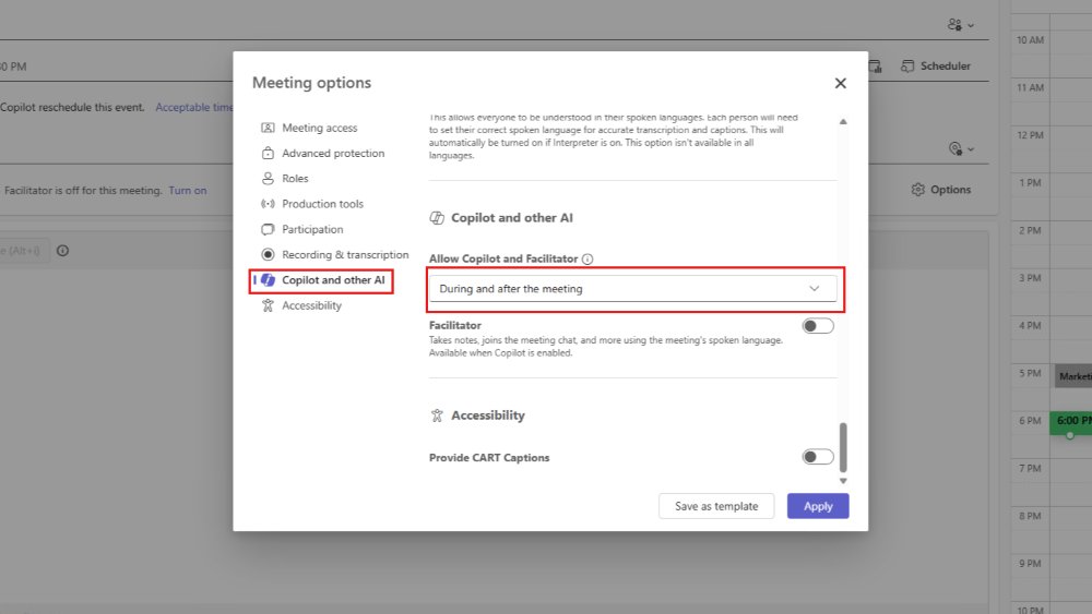 显示Microsoft Teams 事件窗口中的会议选项 Copilot 和其他 AI 的屏幕截图。