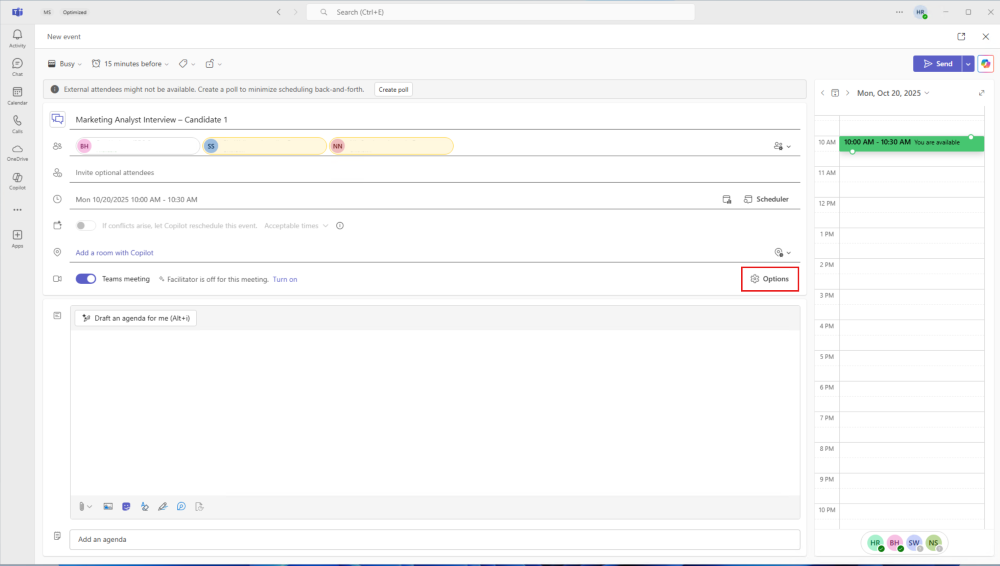 显示Microsoft Teams 事件窗口中的相同会议选项图标的屏幕截图。
