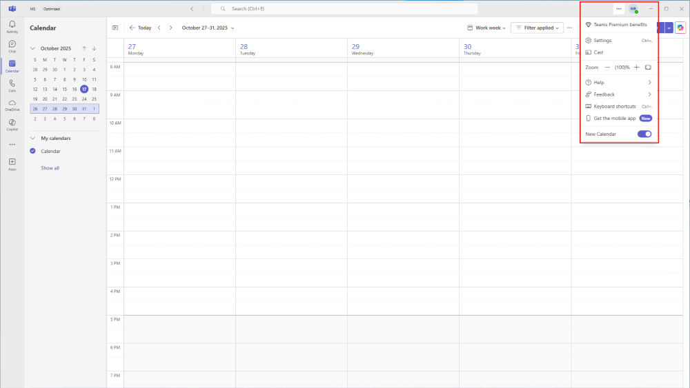 显示 Microsoft Teams 中日历视图位置的屏幕截图。