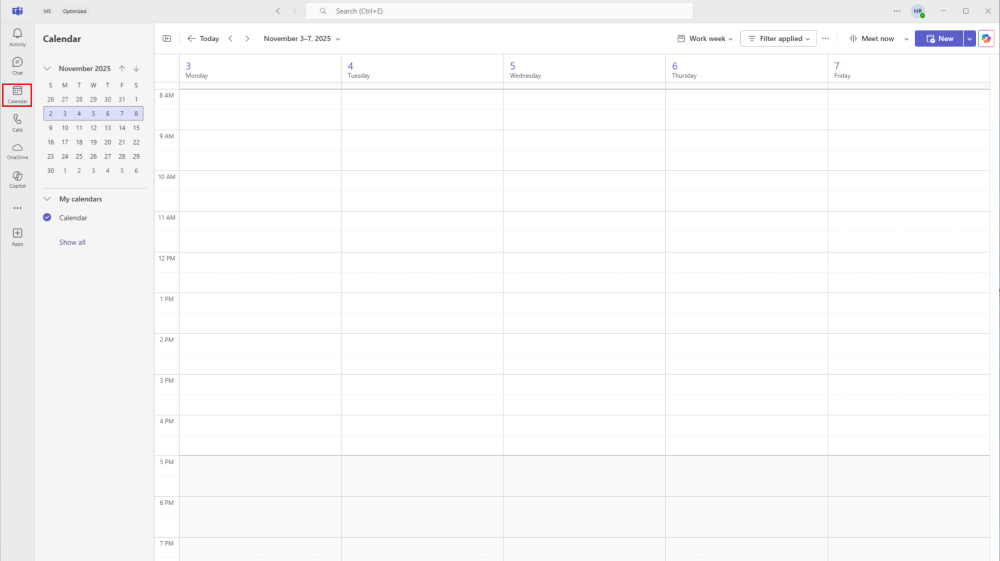 显示Microsoft Teams 中“日历”选项卡位置的屏幕截图。