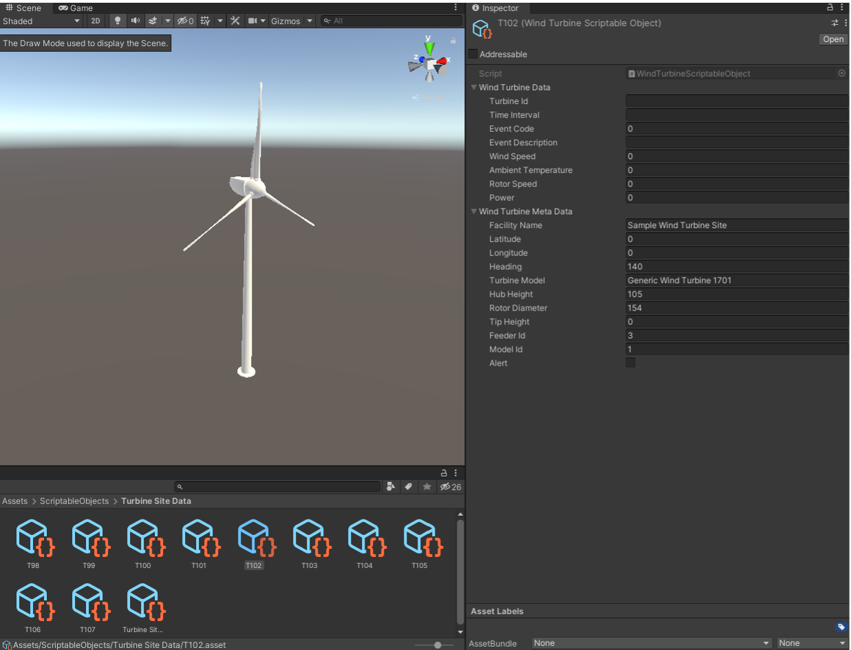 Unity 场景窗口的屏幕截图，其中可看到风力涡轮机 ScriptableObject。
