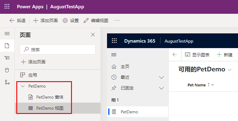 “页面”窗格的屏幕截图,其中选择了表名。