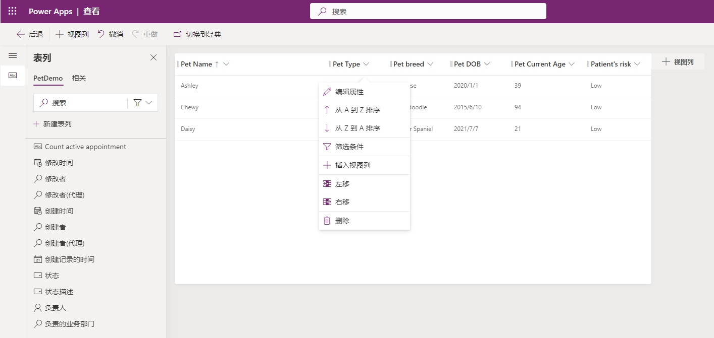 显示为所选标题添加列和选项的示例的屏幕截图。