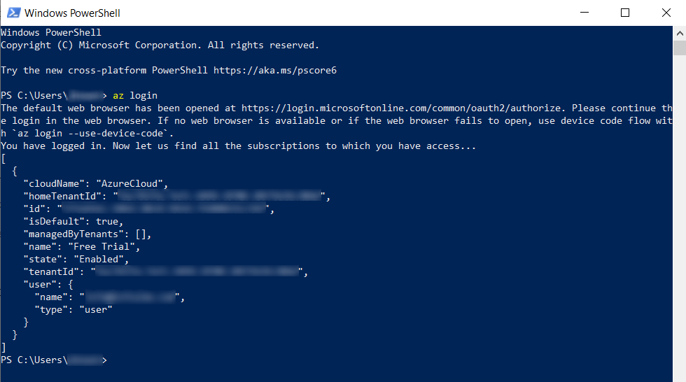 Screenshot of the output of the Windows PowerShell command running the az login command.