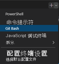 显示选择 shell 下拉列表的 Visual Studio Code 终端窗口。