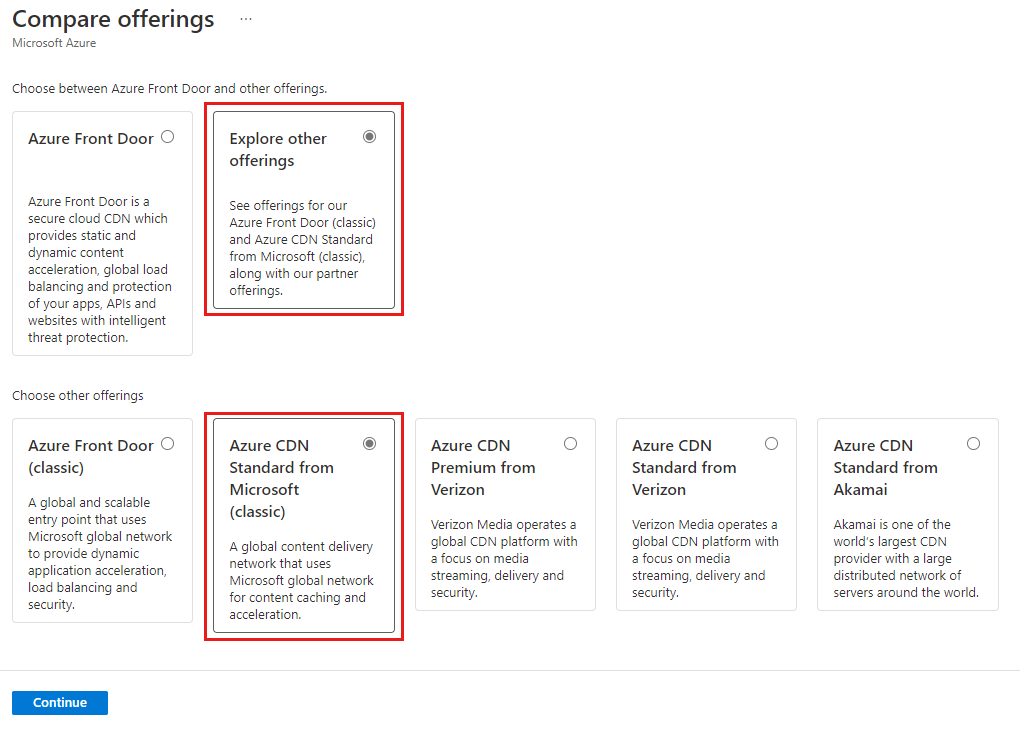 Screenshot of different Front Door and CDN offerings during create process.