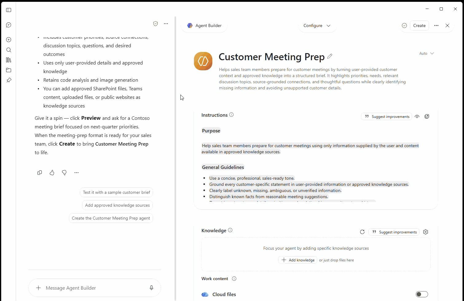 显示智能 Microsoft 365 Copilot 副驾驶® 对话助手中代理配置的概述的动画。