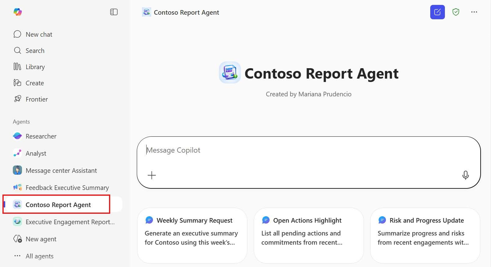 智能 Microsoft 365 Copilot 副驾驶® 对话助手的屏幕截图，其中在左窗格中选择了“客户会议准备代理”，并准备好接收消息。