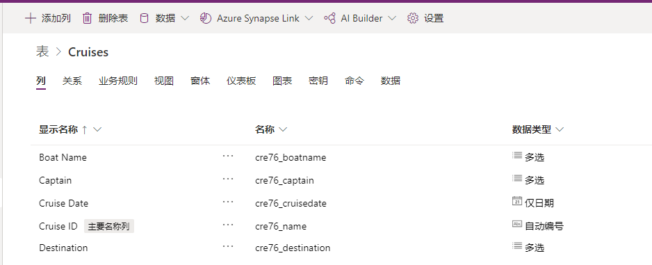 表 > 巡航屏幕截图,其中包含表中所含列的列表。