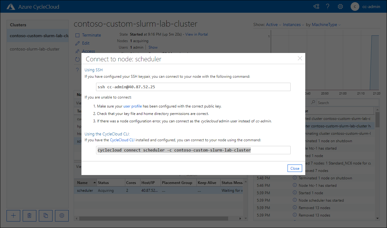 Screenshot of the Connect to node: scheduler pop-up window in the Azure CycleCloud web application.