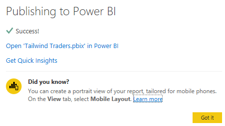“发布到 Power BI 报表成功”消息的屏幕截图。