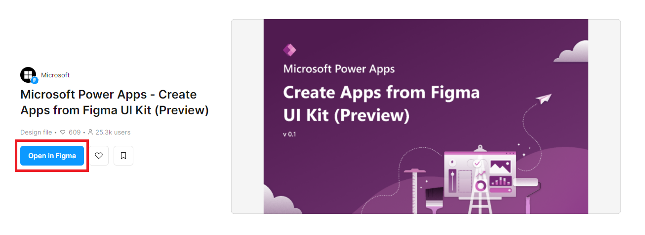 Figma UI 套件网页的屏幕截图,其中显示已选择“在 Figma 中打开”选项。