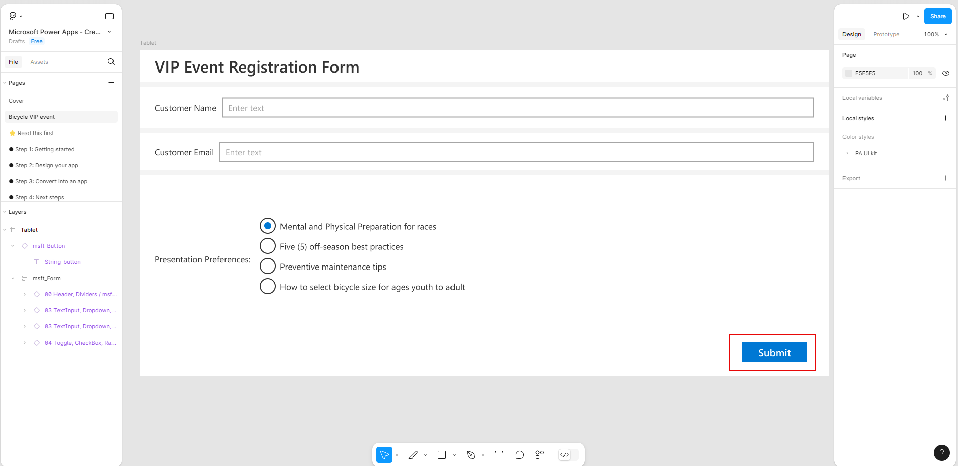 Figma Studio 的屏幕截图,其中包含按钮组件、“提交”按钮和框架坐标部分。