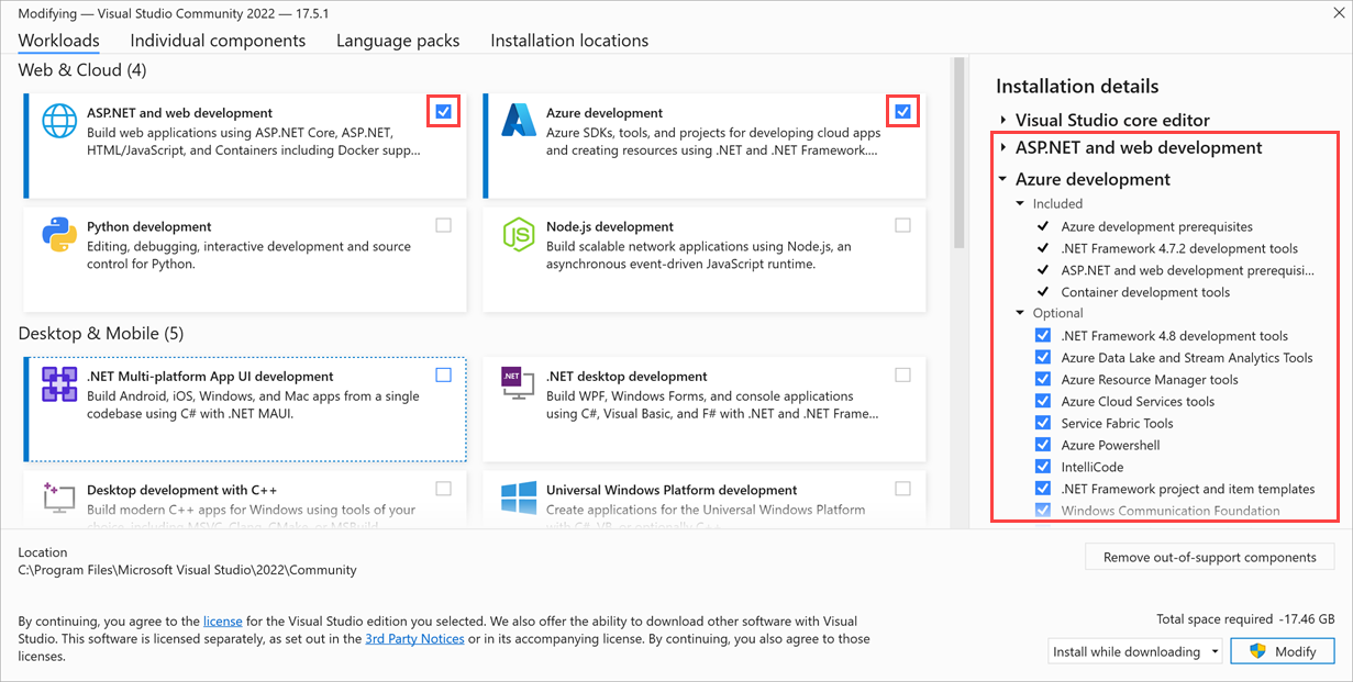 突出显示了 asp dot net 和 Azure 开发工作负载的 Visual Studio 2022 的屏幕截图。