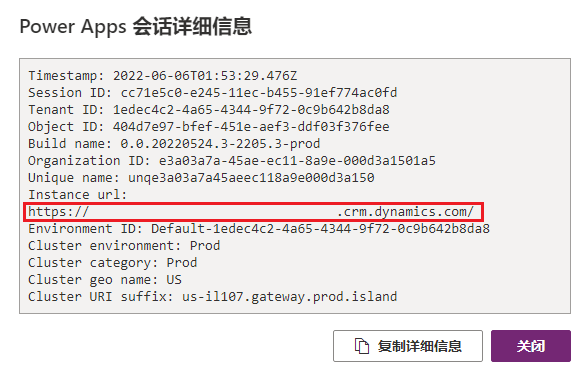 显示会话详细信息以及实例 URL 位置的屏幕截图。